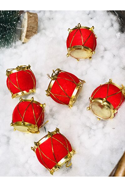 Derin Düşler New Year's Red Gold Pine Tree Ornament - Drum Snare, 4 Cm, Pack of 6