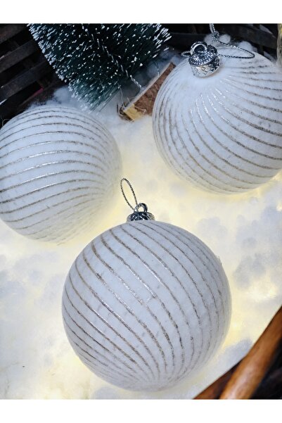Derin Düşler Christmas White Rosegold Striped Pine Tree Ball - 8 Cm, Pack of 3