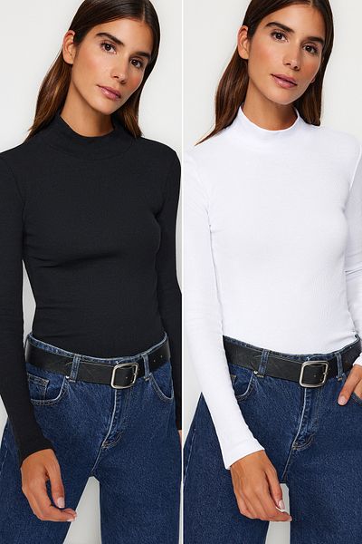 Trendyol Collection Black-White 2 Pack Ribbed Stand Collar Fitted Long Sleeve Stretchy Knitted Blouse TWOAW24BZ00257