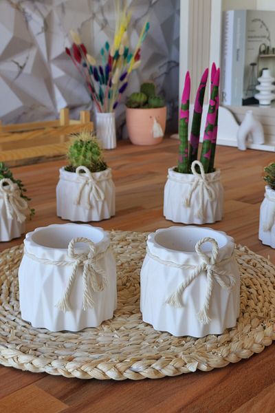 SERENGETİ HOME White Decorative Vase Set of 2 - Concrete Cactus and Small Accessory