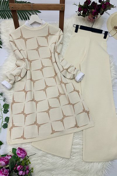 MODAQU Elegance Glittered Hijab Knitwear Set - Cream