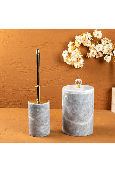 MIARIK DESIGN & DEKORASYON DEKORATİF GRİ MERMER ÇÖP KOVASI VE TUVALET FIRÇASI