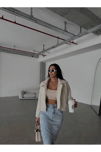 LB Laluna Butik Дамско яке с цип и страничен джоб с яка с шарка на рибена кост, късо палто