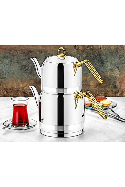 Evimsaray Gold Emerald Medium Size Teapot Set