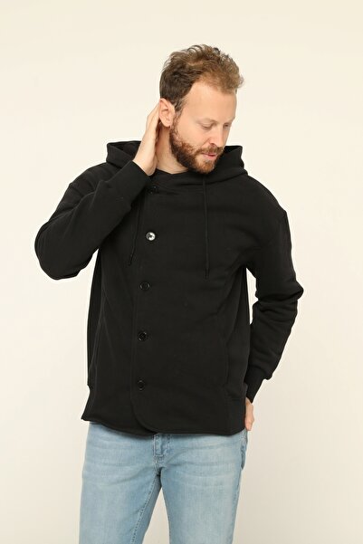 Owut Collection سترة صوفية سوداء بغطاء للرأس ومزينة بأزرار للرجال