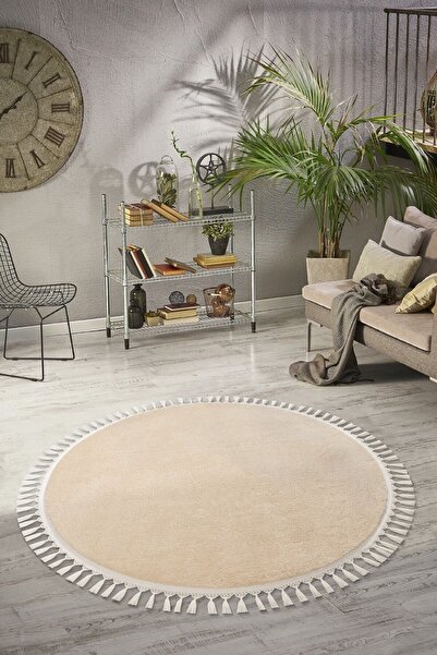 Valery Home Beige Color Vl Round Comfort Pompom Plush Fringed