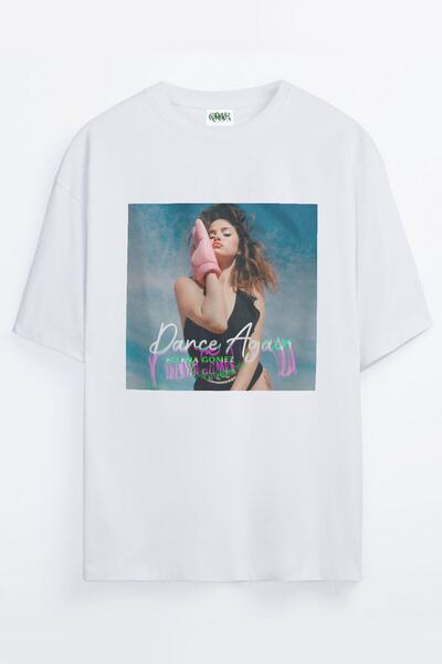Grove Fashion Unisex White Dance Again Selena Gomez Printed Oversize T-shirt