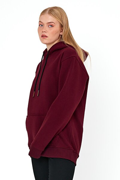 COMBİNE MİCHAİL Жіночий бордовий бавовняний світшот стандартного крою з флісом на капюшоні та кишенею-кенгуру з капюшоном