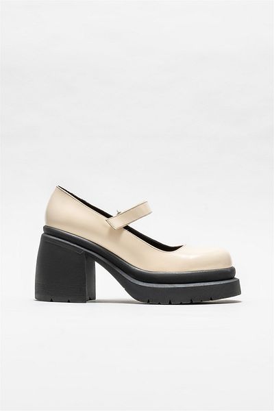 Elle Shoes Beige Leather Women's Heeled Shoes