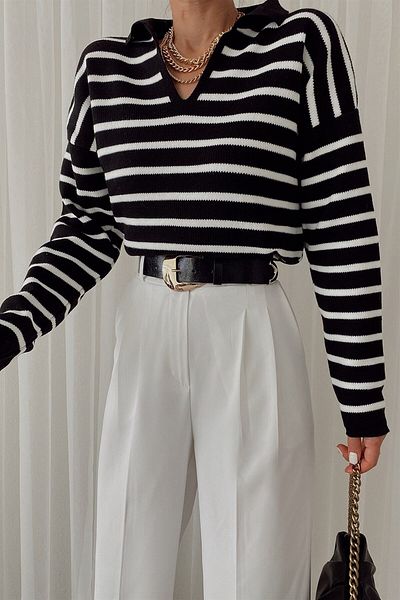 My love butik Tricotaj în dungi cu gât polo Pulover Crem