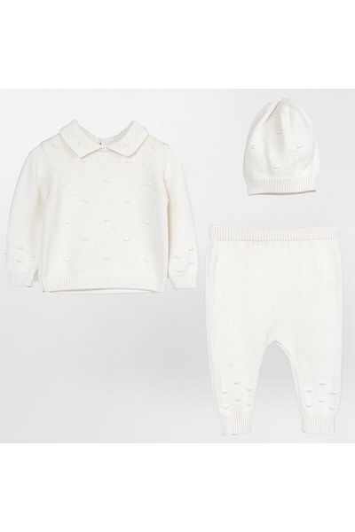 Minora Unisex Baby Shirt Collar Pompom Set of 3 Bone