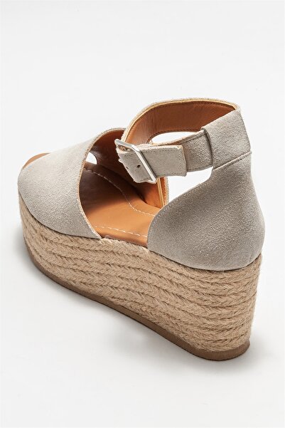 Elle Shoes Bej Deri Kadın Dolgu Topuklu Sandalet