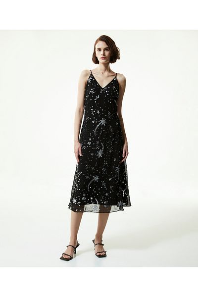 Machka Midikleid mit Trägern und Sternenstickerei