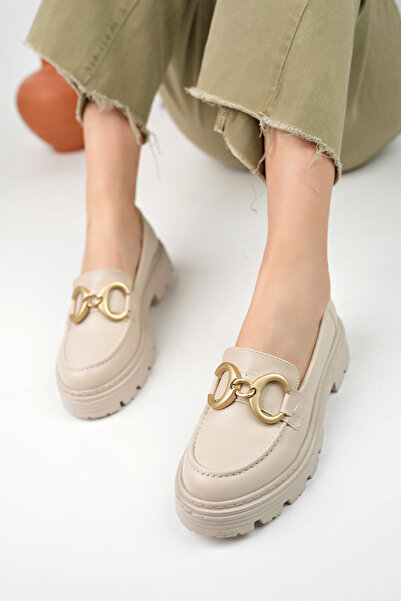 Artgoo Жіночі бежеві шкіряні лофери з золотистою пряжкою