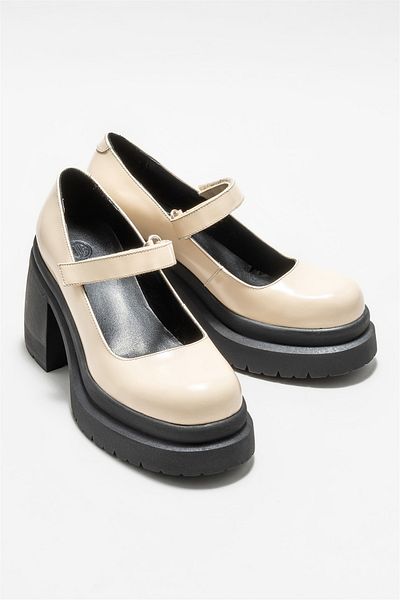 Elle Shoes Beige Leather Women's Heeled Shoes