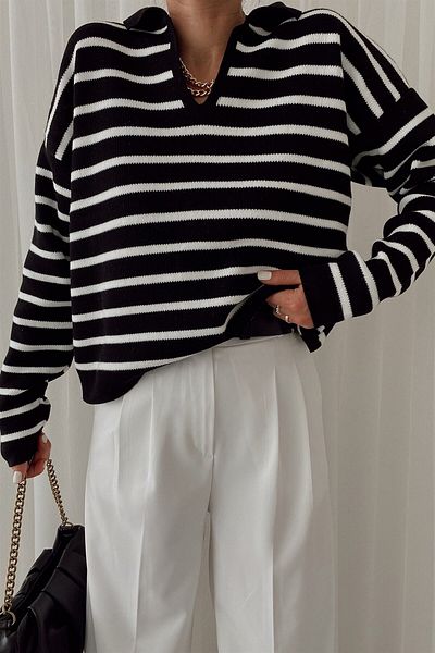 My love butik Tricotaj în dungi cu gât polo Pulover Crem