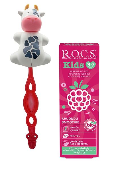R.O.C.S. مجموعة العناية بالفم سموثي التوت لعمر 3-7 سنوات - أسنان الأطفال Mcn + أسنان الأطفال Frc أحمر + ساك البقرةحاوية
