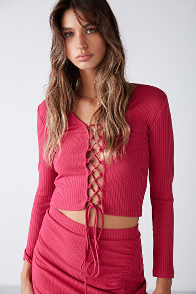 ETHIQUET Agneska Women's Knitwear Look Flexible Fabric Cross Tie V-Neck Long Sleeve Crop Fuchsia Blouse