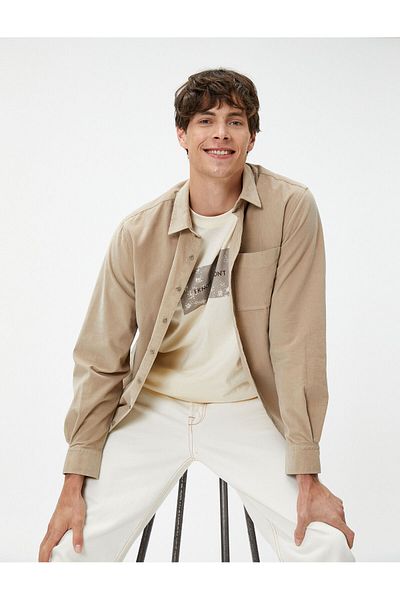 Koton Ribbed Shirt Buttoned Classic Collar with Pocket Detail