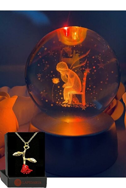 Lapidaria Düşünen Çocuk Küçük Prens Gül Figürlü Işıklı Cam Küre ve Gül Kolye