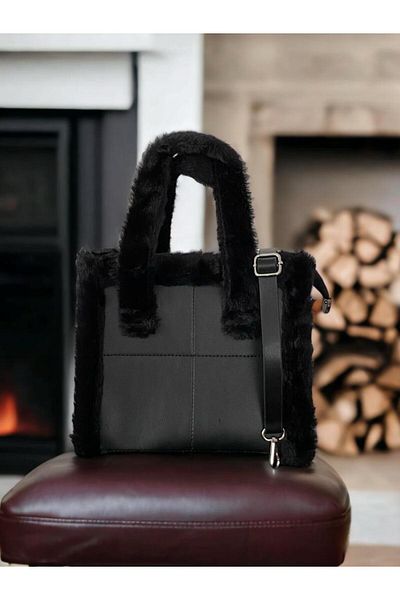 Mercan Stores Women's Black Fur Faux Leather Hand and Shoulder Bag