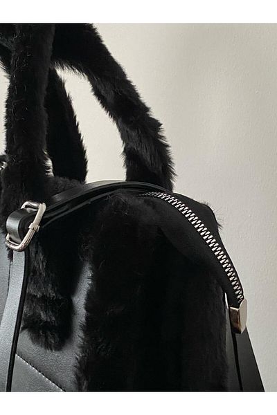 Mercan Stores Women's Black Fur Faux Leather Hand and Shoulder Bag