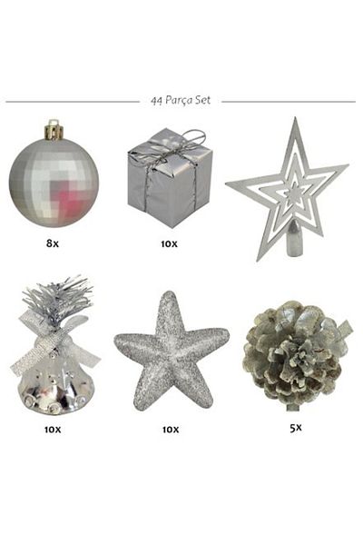 BAK BEĞEN AL New Year's Luxury Silver Tree Decoration Set - 44 Pieces