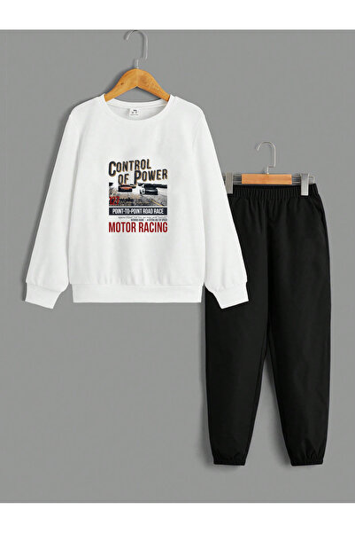 Baskılı Pamuklu Çocuk üst beyaz Alt Sıyah Sweatshirt Takımı