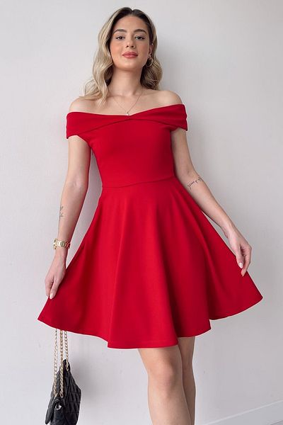 WOMAN VISION Rochie roșie pentru femei, cu design flexibil, guler Madonna, rochie roșie 079