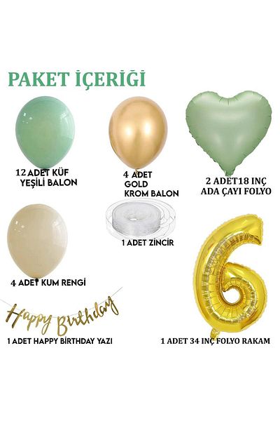 Patladı Gitti Sage Concept 6 Year Old Birthday Set ; Mold Green-chrome Gold- Sea Sand And Sage Heart Foil Balloon
