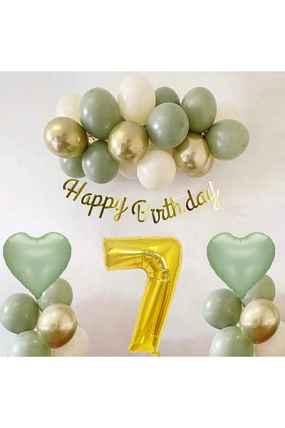 Patladı Gitti Sage Concept 7 Year Old Birthday Set ; Mold Green-chrome Gold- Sea Sand And Sage Heart Foil Balloon