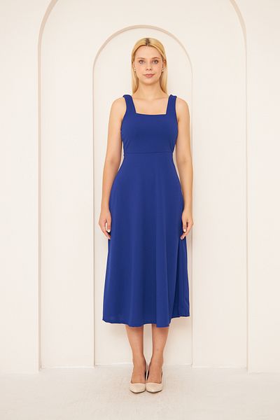 WOMAN VISION Rochie 086 din țesătură crepon elastică pentru femei, cu tăietură evazată, cu curea groasă, guler pătrat, lungime midi