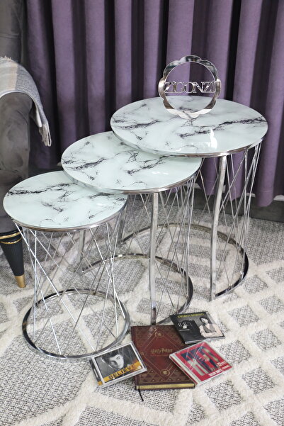 Zigonzi Hasır Model C Zigon Sehpa, Gümüş Metal Beyaz Mermer Desen