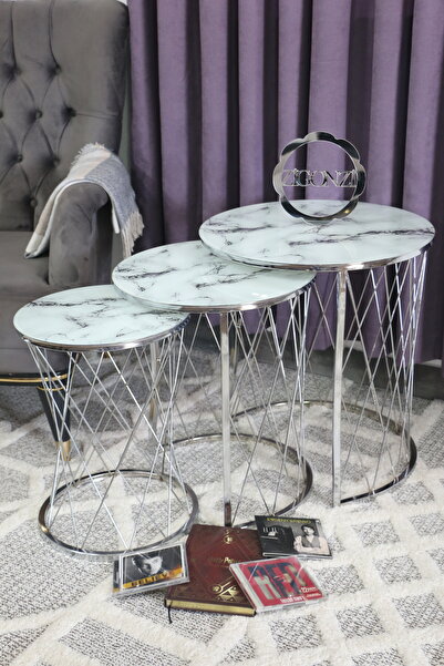 Zigonzi Hasır Model C Zigon Sehpa, Gümüş Metal Beyaz Mermer Desen