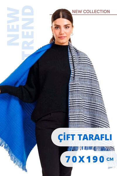 Multi Brand Şal de umăr din lână în carouri de culoare albastră pe două feţe 70x190cm Şal de iarnă pentru femei