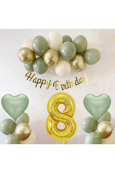Patladı Gitti Sage Concept 8 Year Old Birthday Set ; Mold Green-chrome Gold- Sea Sand And Sage Heart Foil Balloon