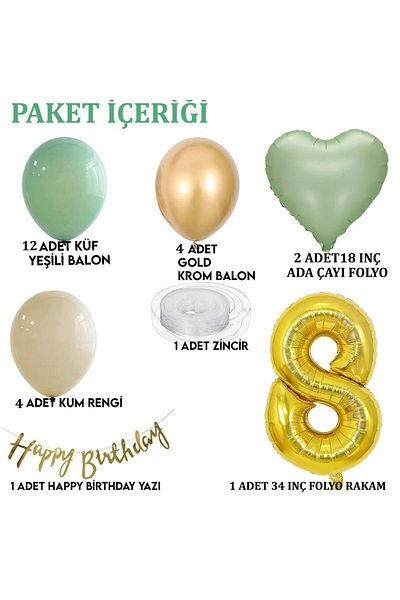 Patladı Gitti Sage Concept 8 Year Old Birthday Set ; Mold Green-chrome Gold- Sea Sand And Sage Heart Foil Balloon