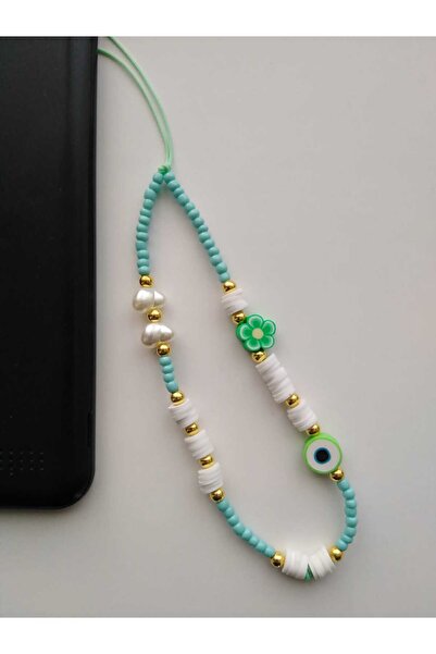 nasclaycollection Fimo Charm Phone Decoration Green Color with Evil Eye Beads