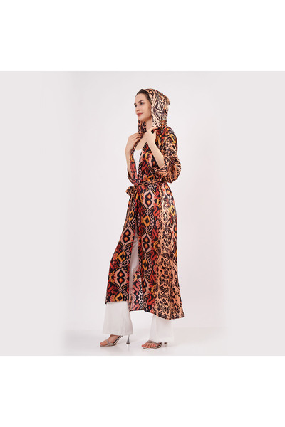 Nomads Felt Saf İpek Kapüşonlu Kimono Kaftan İkat Desen 17 | Nomads Felt