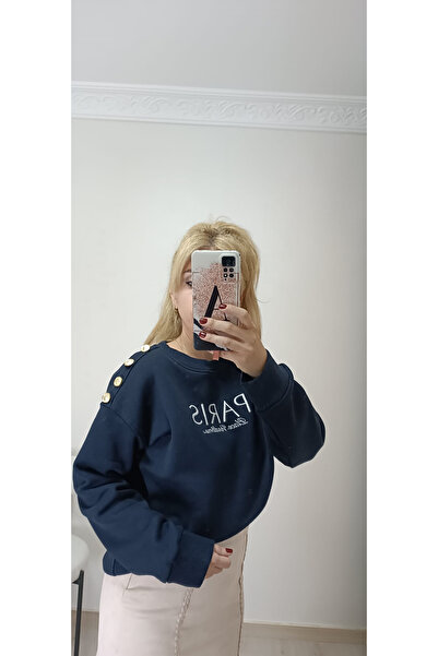 Paris Nakışlı Düğme Detaylı Sweatshirt 3 iplik ve Şardonlu