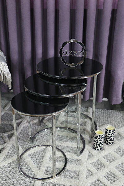 Zigonzi Siyah Camlı Gümüş Metal, Üçlü Zigon Sehpa