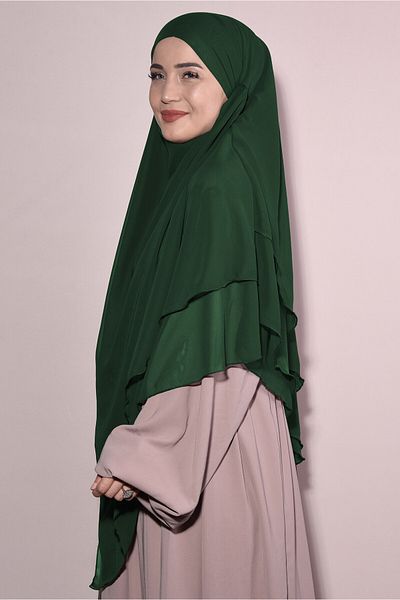 Tek Tesettür Giyim Three-Layer Souffle with Chiffon Veil Khimar Emerald Green - Emerald