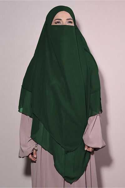 Tek Tesettür Giyim Three-Layer Souffle with Chiffon Veil Khimar Emerald Green - Emerald