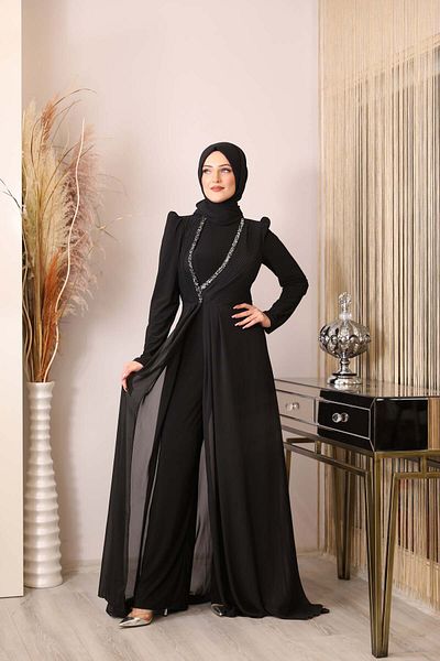 Surikka Pearl Jumpsuit with Pleated and Stone Detail on the Front Black