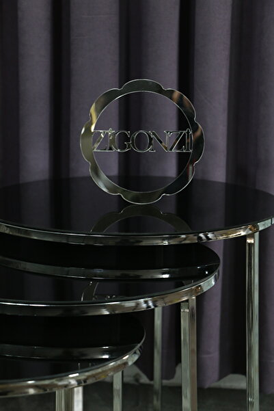Zigonzi Siyah Camlı Gümüş Metal, Üçlü Zigon Sehpa