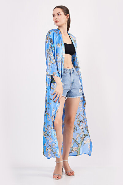 Nomads Felt %100 İpek Kimono Kaftan | Mavi | Van Gogh Badem Ağacı | Nomads Felt
