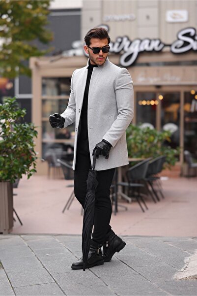 ukdwear Ανοιχτό γκρι Slim-Fit Ανδρικό παλτό Stamper - Stand Collar