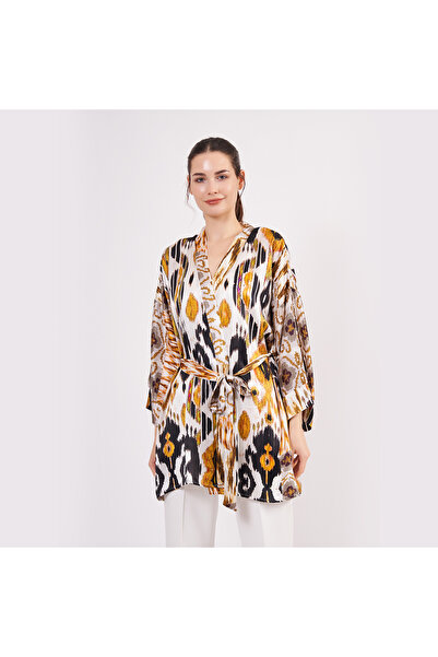 Nomads Felt Saf İpek Kısa Kimono Kaftan | Ikat Desen 6 | Nomads Felt