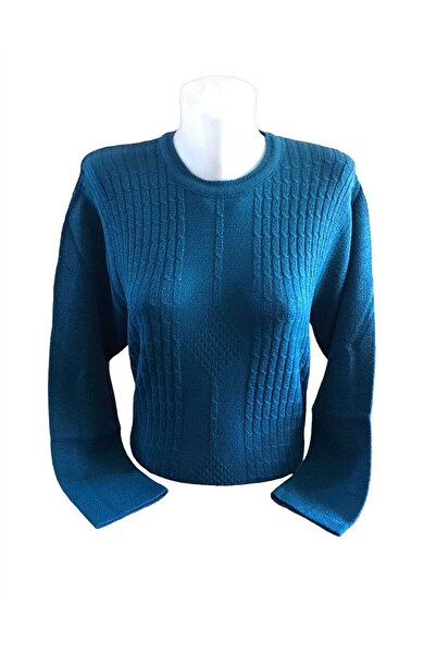 Nacar Kabartma Desenli Normal Kalıp Rahat Kesim Kadın Mavi Kazak