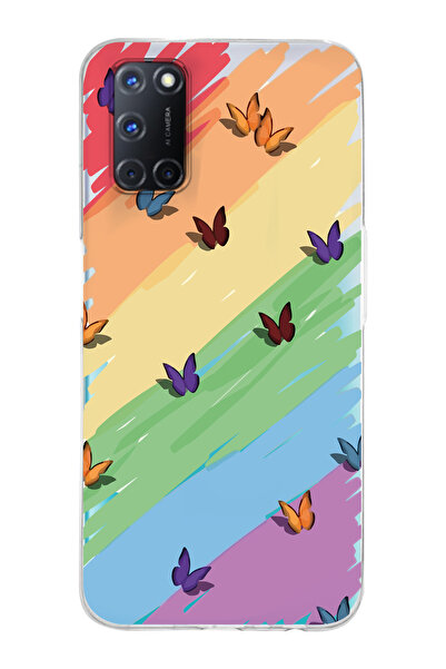 Magic Ring Oppo A52/A72/A92 Uyumlu Renk ve Kelebek Desenli Şeffaf Telefon Kılıfı